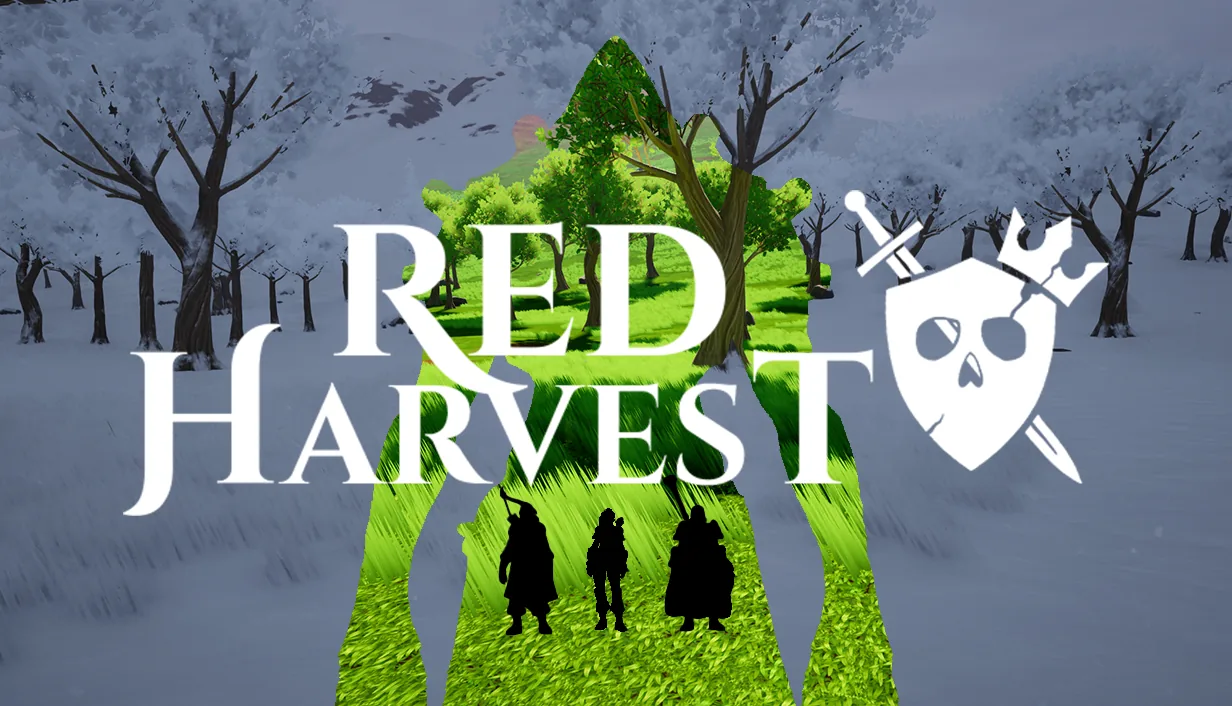 Red Harvest key art: a reaper-shaped silhouette of green summer cut out of a frozen, dead forest, with three survivors standing inside it
